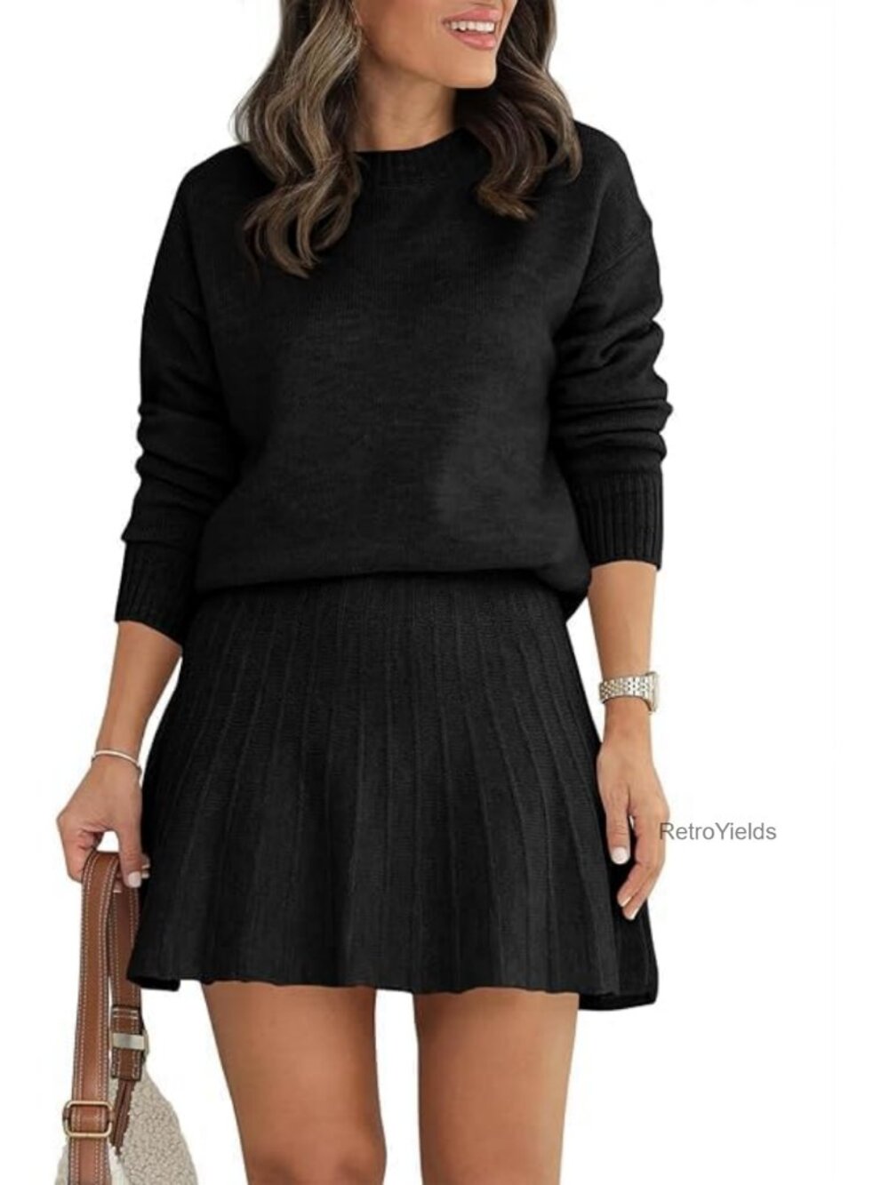 Womens 2 Piece Sweater Set Pleated Mini Skirt Knit Lounge Set